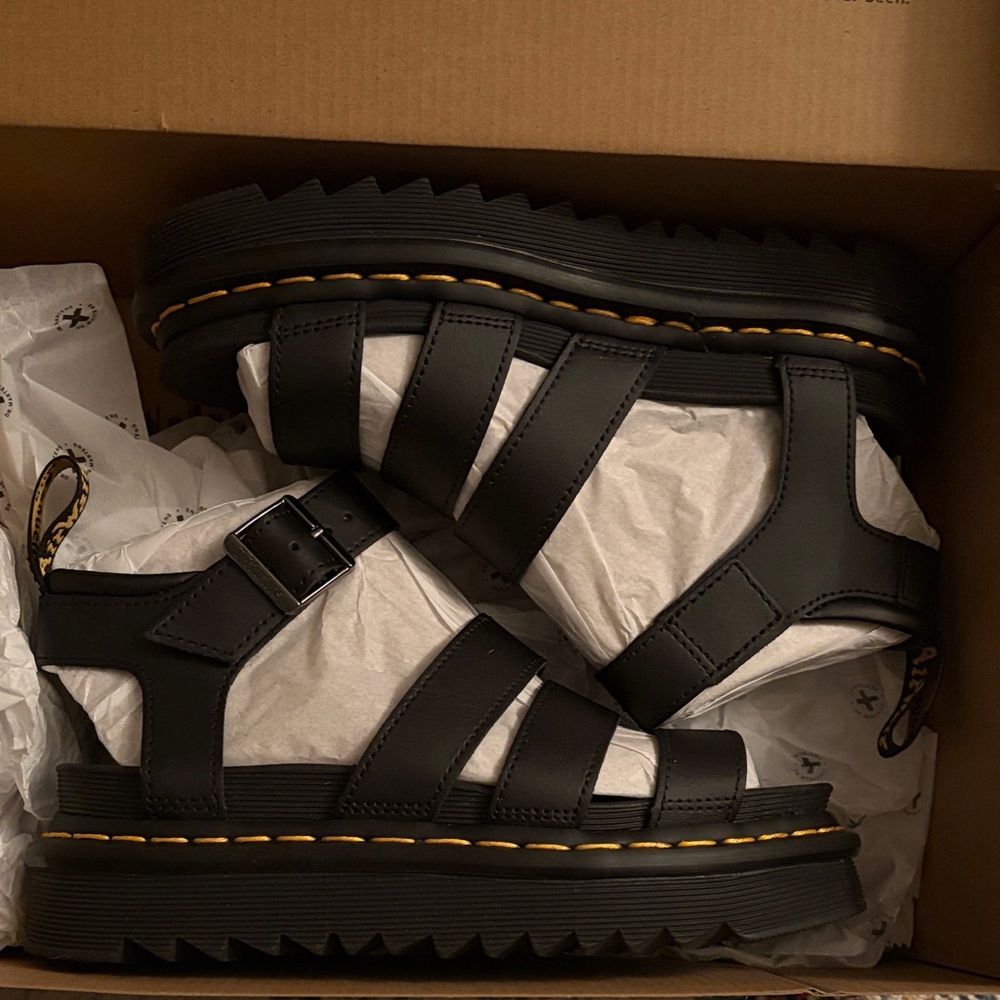 Dr. Martens Black Leather Platform Fisherman Sandals with Yellow Stitching